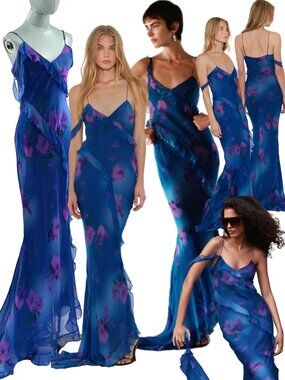 🆕 RAT & BOA 🧿 NWOT Sorrento Chiffon Maxi Dress with Train, Blue Floral - Sz XL
